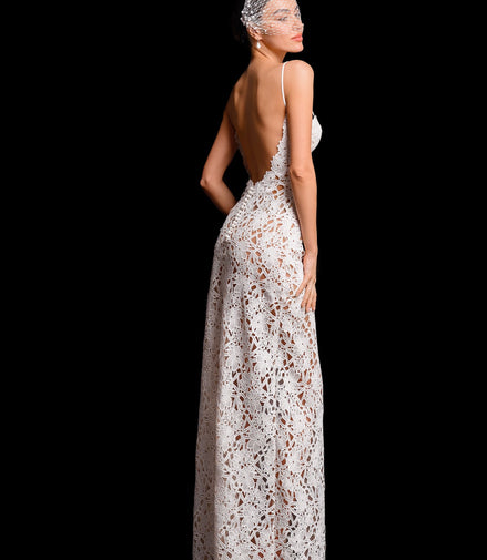 ANDREA Macramé Lace Gown with High Slit