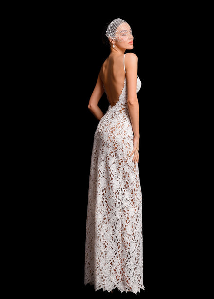ANDREA Macramé Lace Gown with High Slit