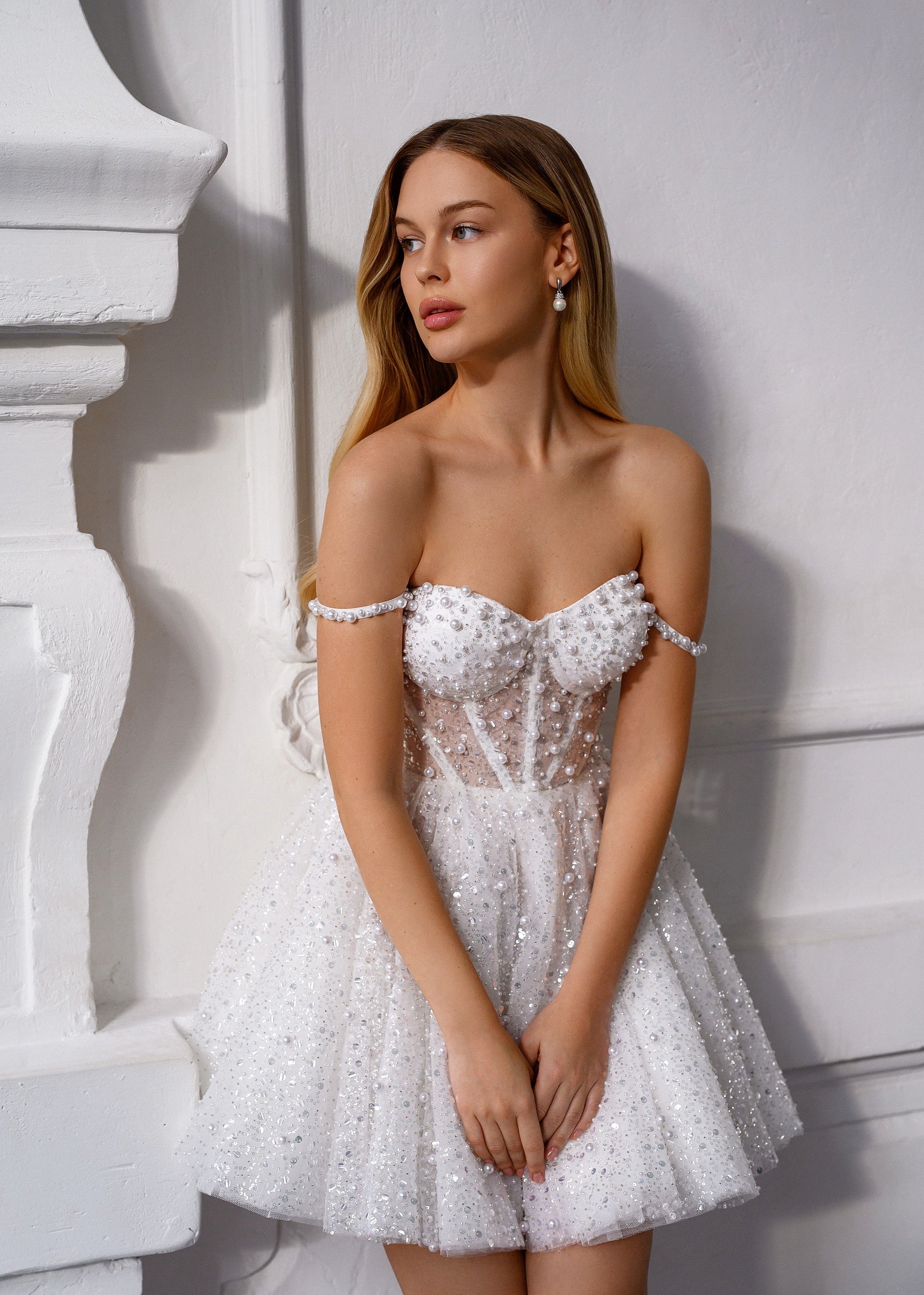ANETTA White Short Sparkling Corset Dress with Beads & Pearls