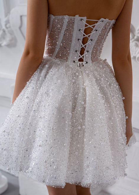 ANETTA White Short Sparkling Corset Dress with Beads & Pearls