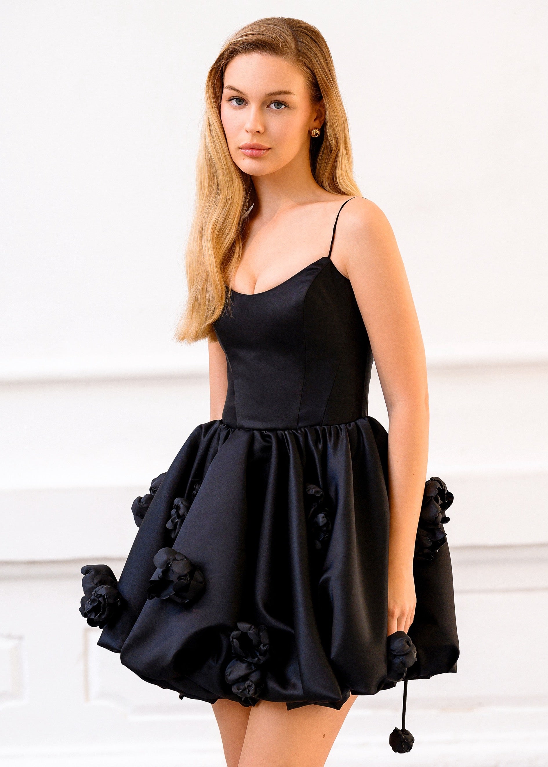 AUDRIE Black Mini Dress with 3D Flowers & Velvet Silk Corset