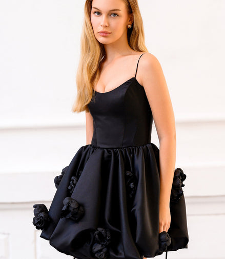 AUDRIE Black Mini Dress with 3D Flowers & Velvet Silk Corset