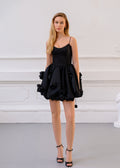 AUDRIE Black Mini Dress with 3D Flowers & Velvet Silk Corset