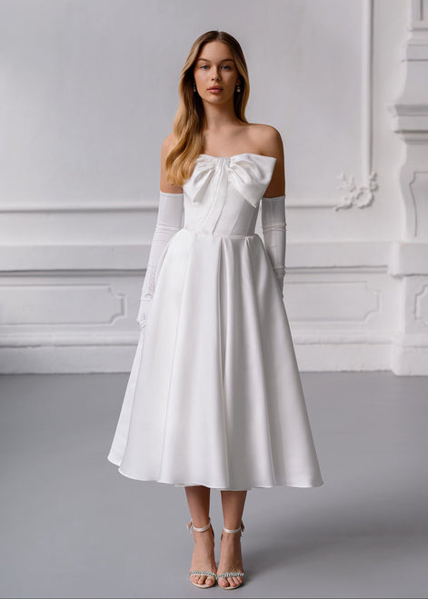 CAROLINE White Elegant Satin Midi Dress with Bow & Lace-Up Back