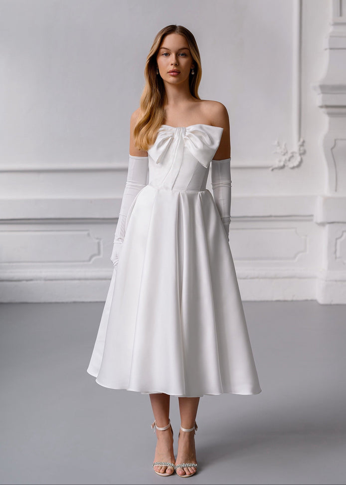 CAROLINE White Elegant Satin Midi Dress with Bow & Lace-Up Back