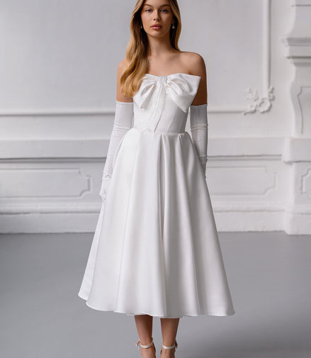CAROLINE White Elegant Satin Midi Dress with Bow & Lace-Up Back
