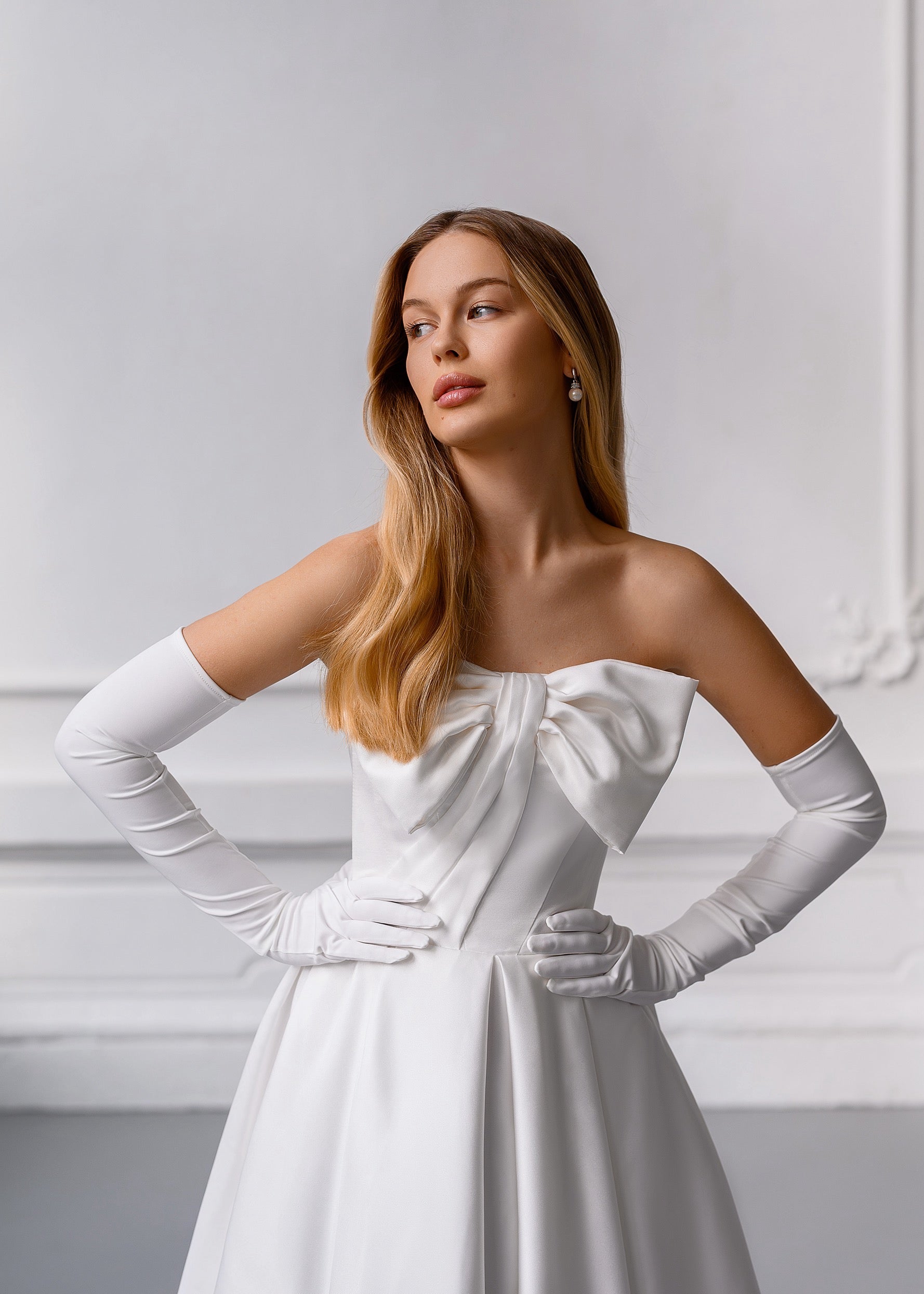 CAROLINE White Elegant Satin Midi Dress with Bow & Lace-Up Back