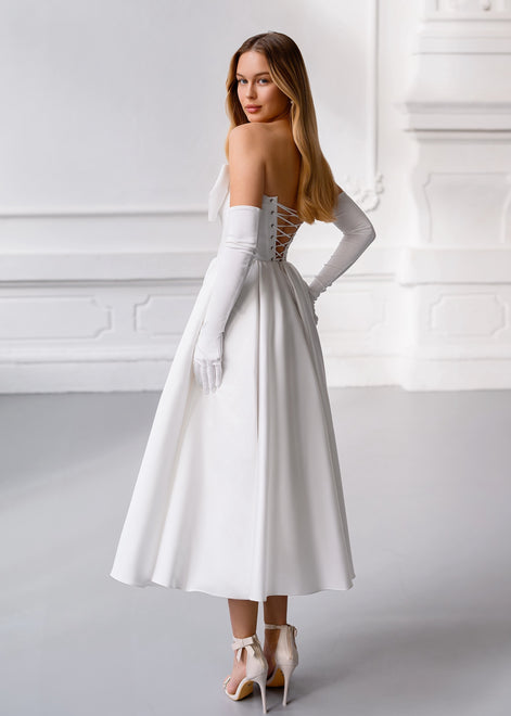 CAROLINE White Elegant Satin Midi Dress with Bow & Lace-Up Back