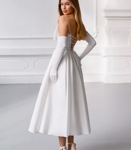 CAROLINE White Elegant Satin Midi Dress with Bow & Lace-Up Back