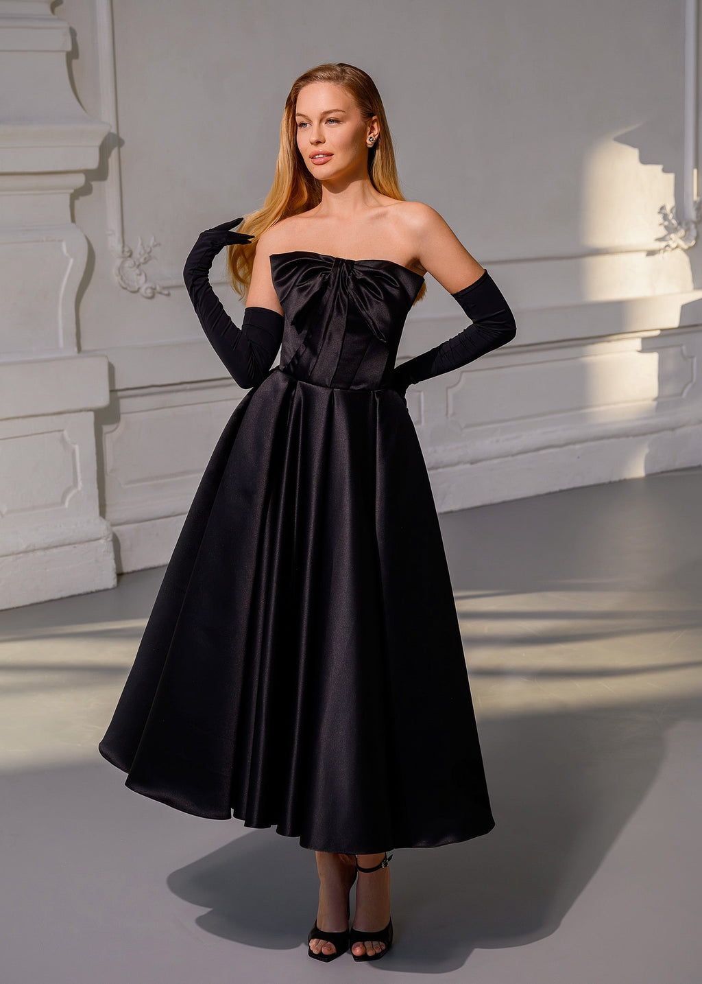 CAROLINE Black Elegant Satin Midi Dress with Bow & Lace-Up Back