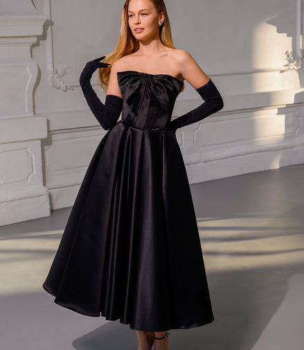 CAROLINE Black Elegant Satin Midi Dress with Bow & Lace-Up Back