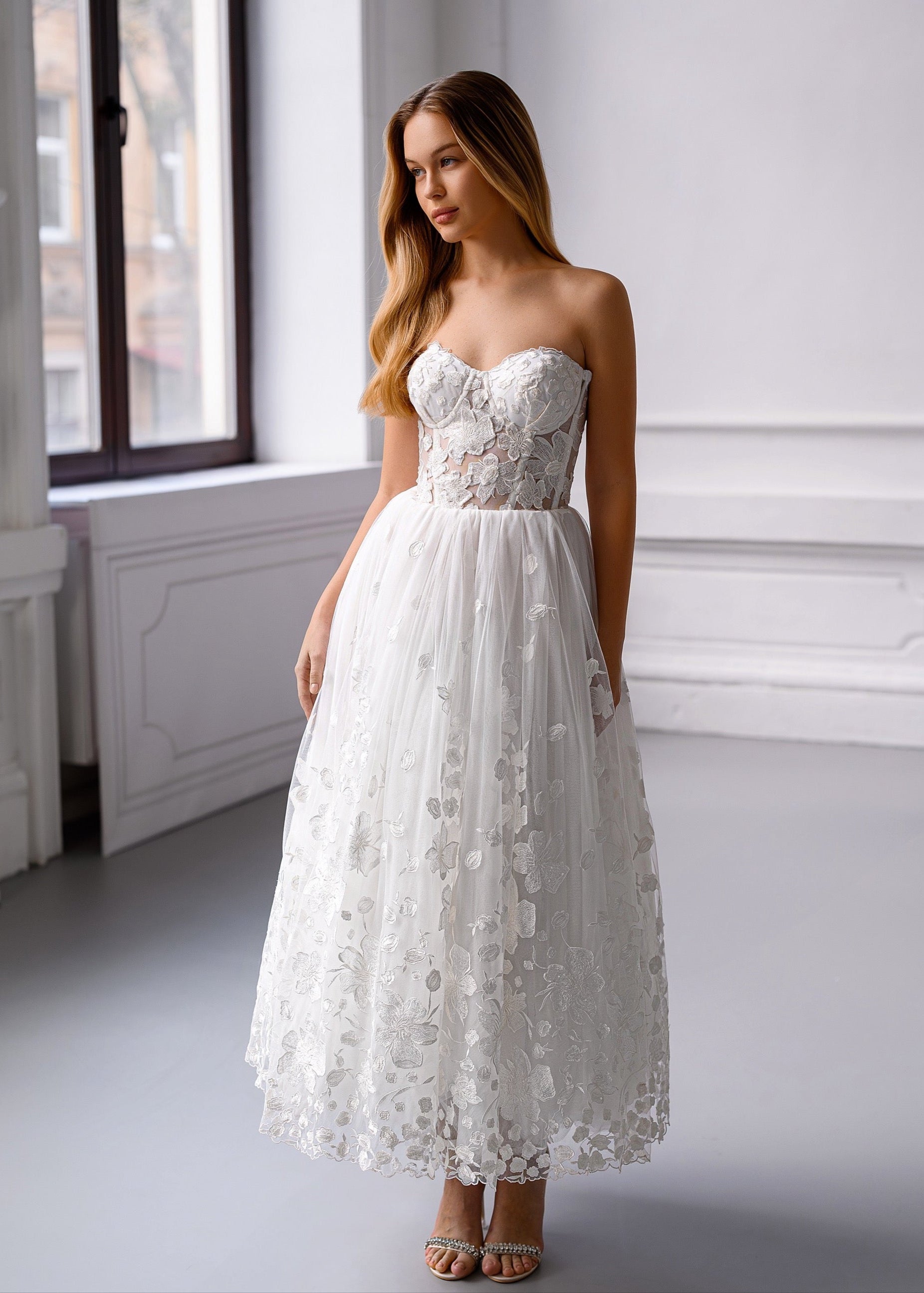 CELINE Floral Lace Midi Dress with Corset & Lace-Up Back