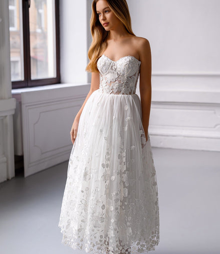 CELINE Floral Lace Midi Dress with Corset & Lace-Up Back