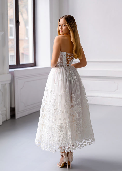 CELINE Floral Lace Midi Dress with Corset & Lace-Up Back