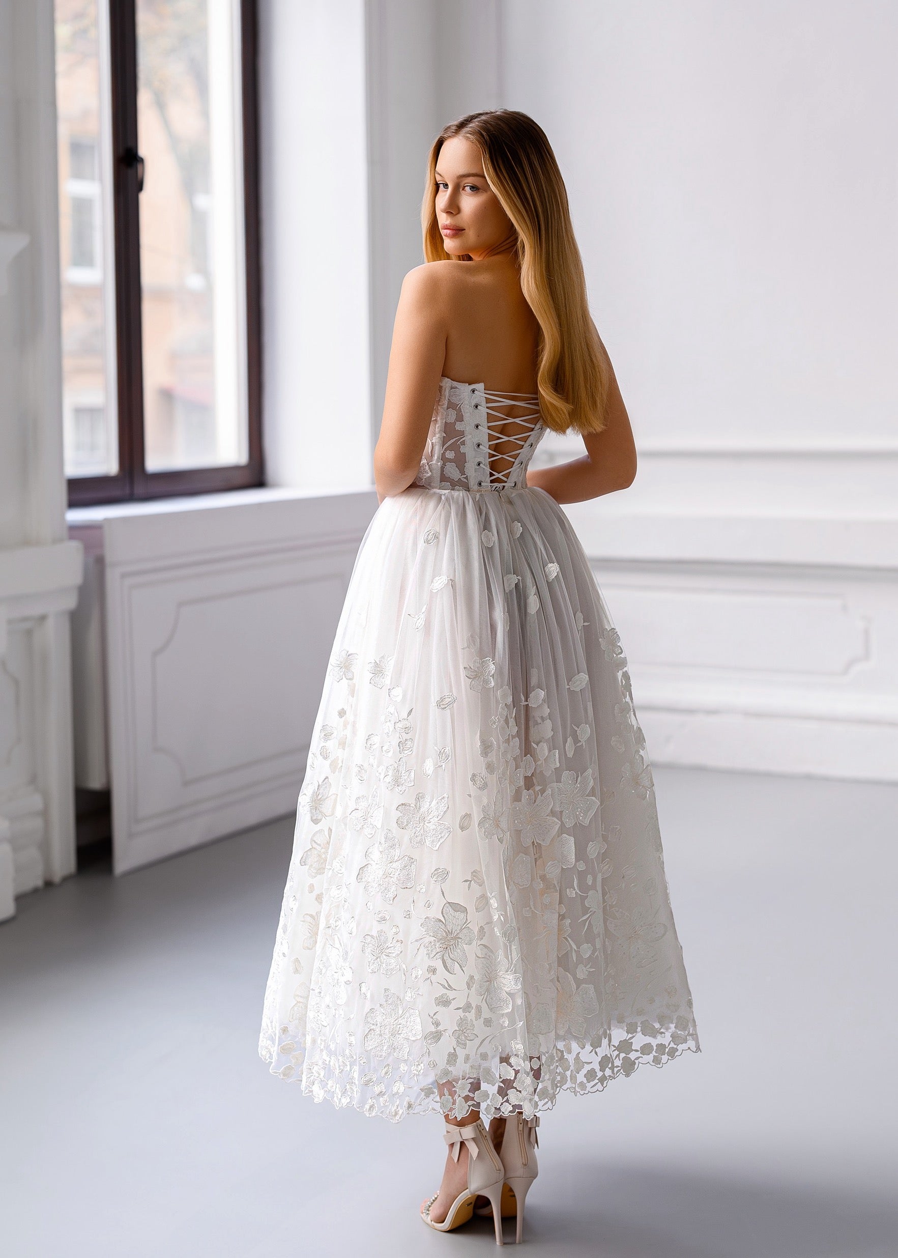 CELINE Floral Lace Midi Dress with Corset & Lace-Up Back