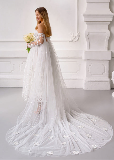 CELINE Long Tulle Cape with 3D Flowers & Detachable Gloves