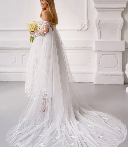 CELINE Long Tulle Cape with 3D Flowers & Detachable Gloves