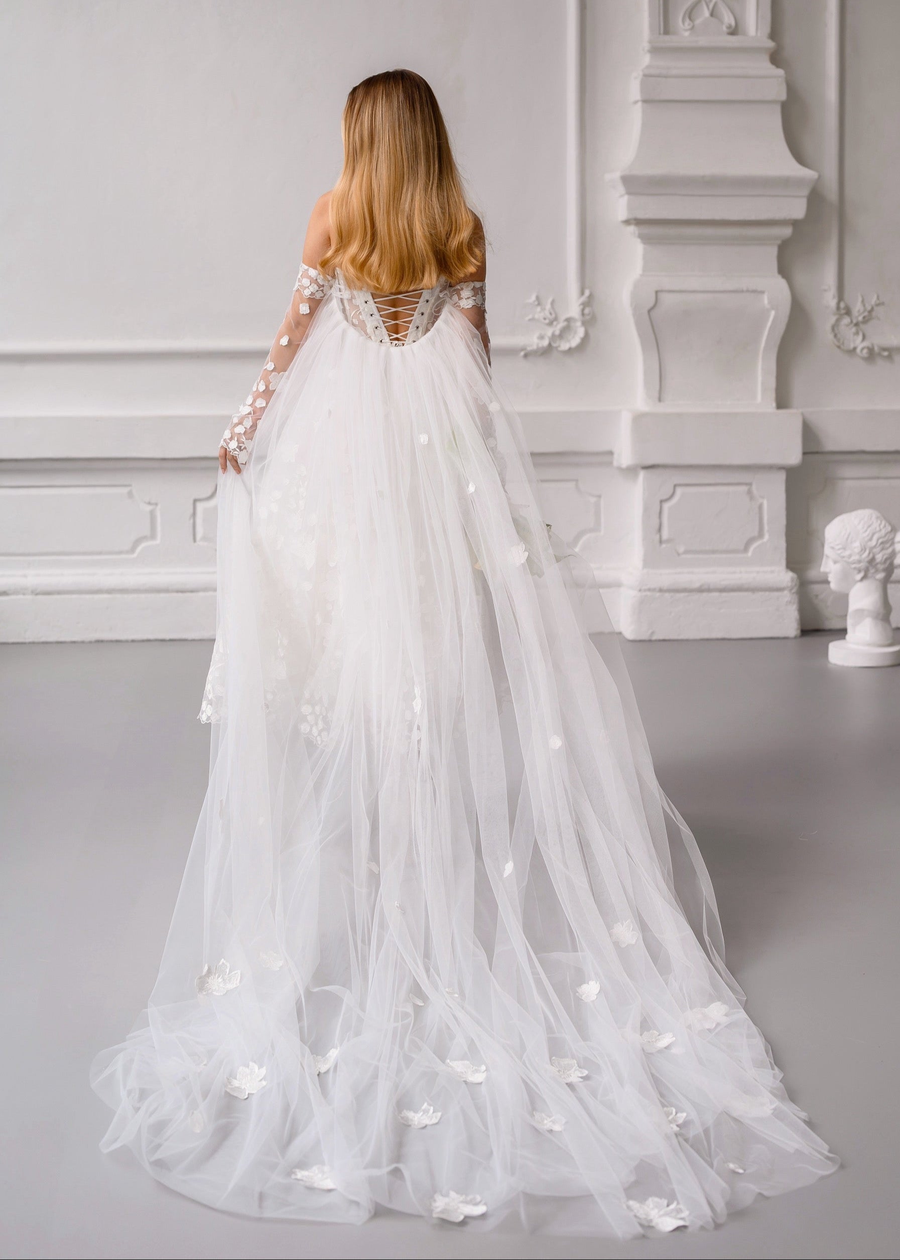 CELINE Long Tulle Cape with 3D Flowers & Detachable Gloves