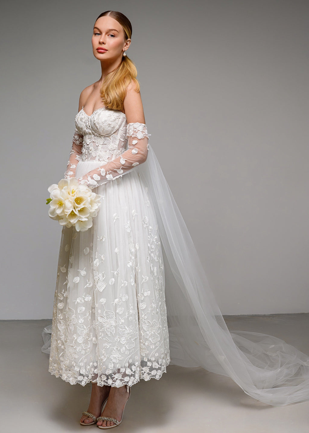 CELINE Long Tulle Cape with 3D Flowers & Detachable Gloves
