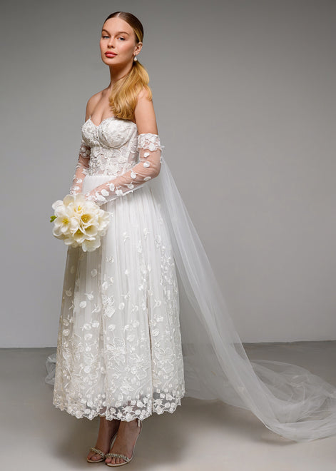 CELINE Long Tulle Cape with 3D Flowers & Detachable Gloves