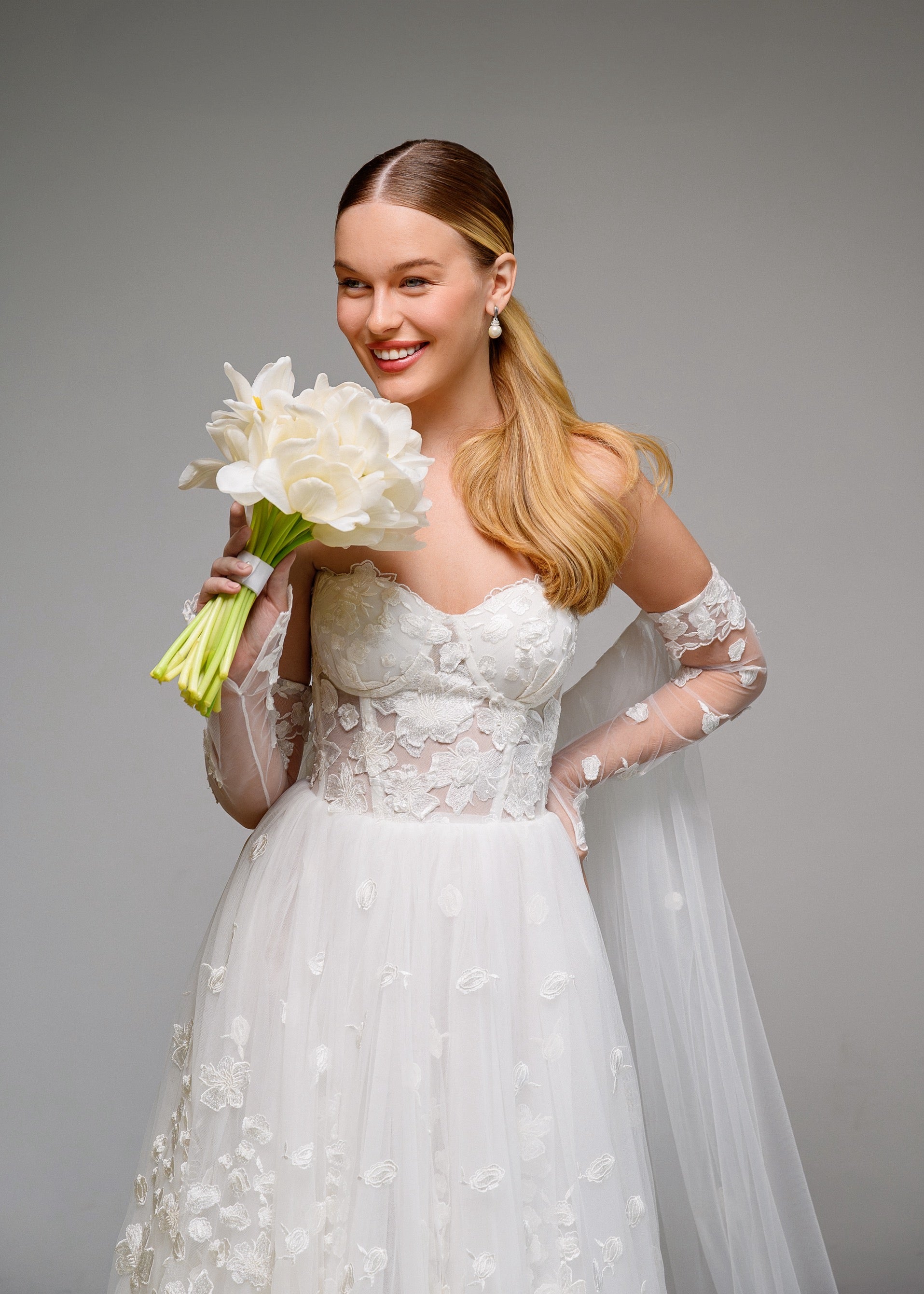 CELINE Long Tulle Cape with 3D Flowers & Detachable Gloves