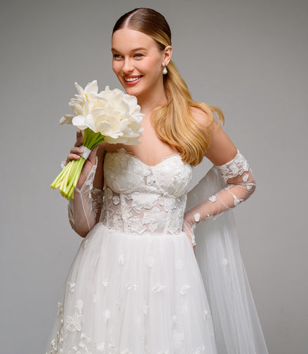 CELINE Long Tulle Cape with 3D Flowers & Detachable Gloves