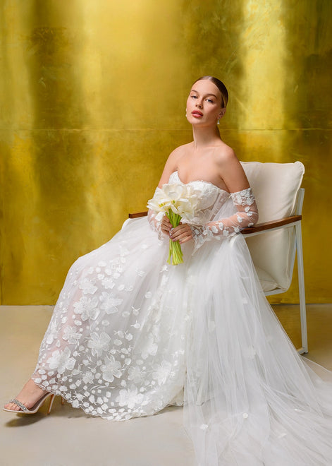 CELINE Long Tulle Cape with 3D Flowers & Detachable Gloves