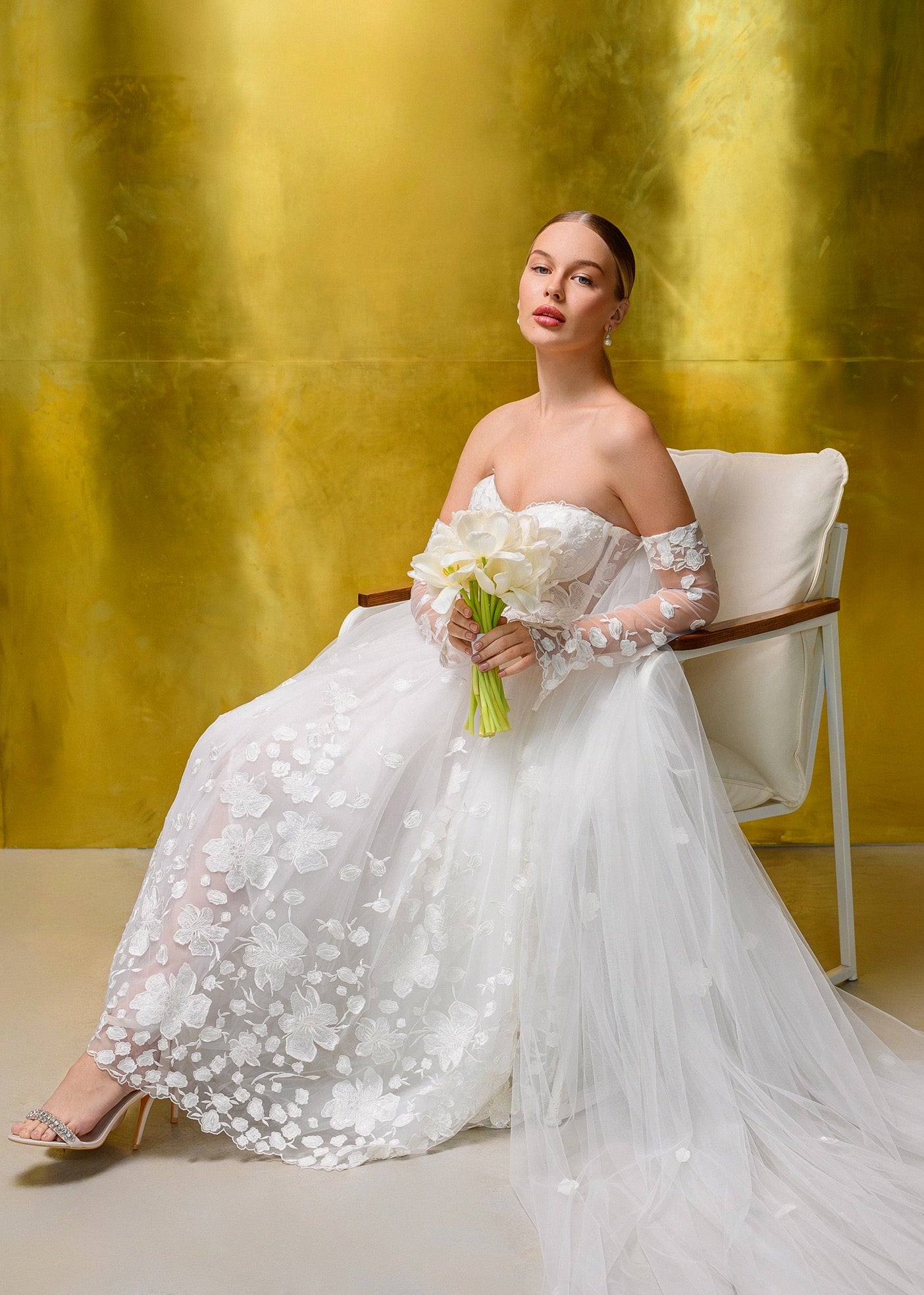 CELINE Long Tulle Cape with 3D Flowers & Detachable Gloves