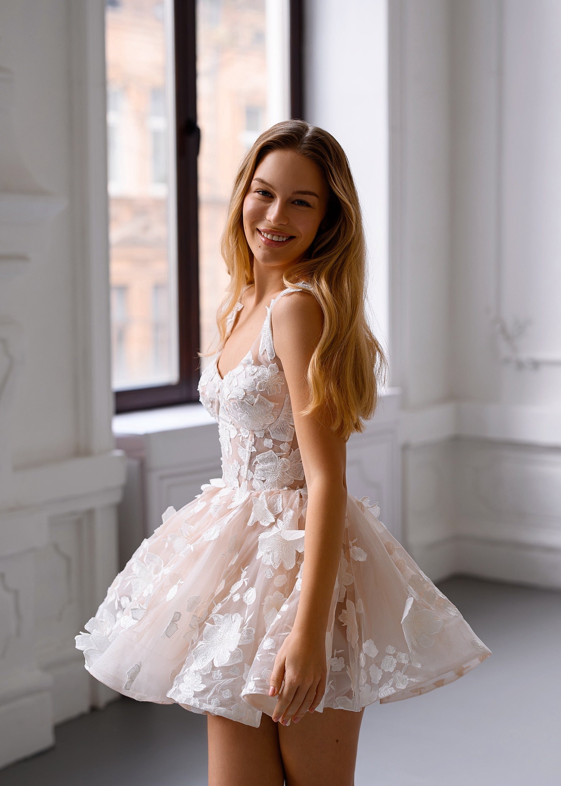 floral applique dress short Short Floral-Applique Babydoll Hoco Dress