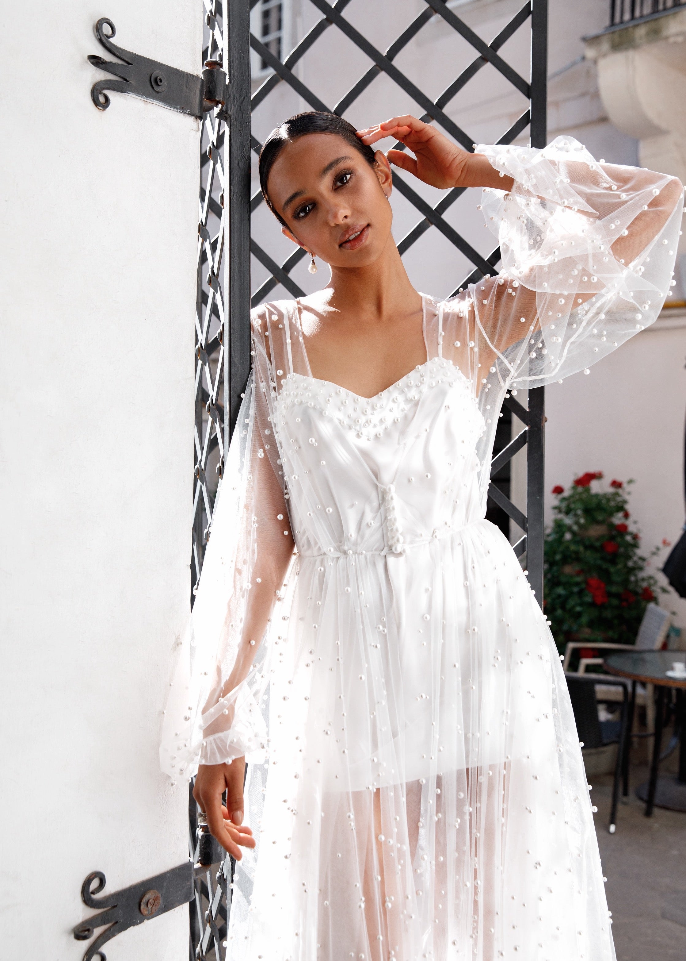 CLARISE Boudoir Dress with long sleeves and pearls