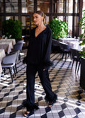 EMILIE Silk Pajama Set with Feathers in Black