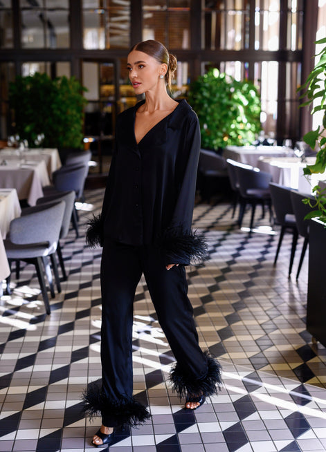EMILIE Silk Pajama Set with Feathers in Black