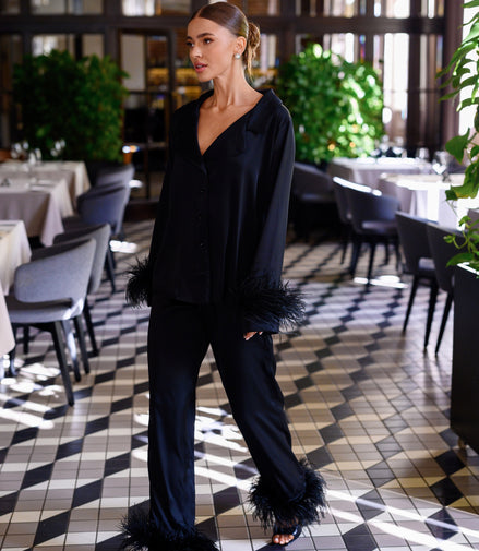 EMILIE Silk Pajama Set with Feathers in Black