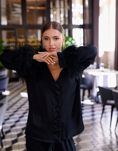 EMILIE Silk Pajama Set with Feathers in Black