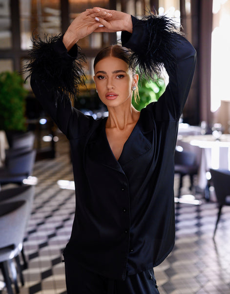 EMILIE Silk Pajama Set with Feathers in Black