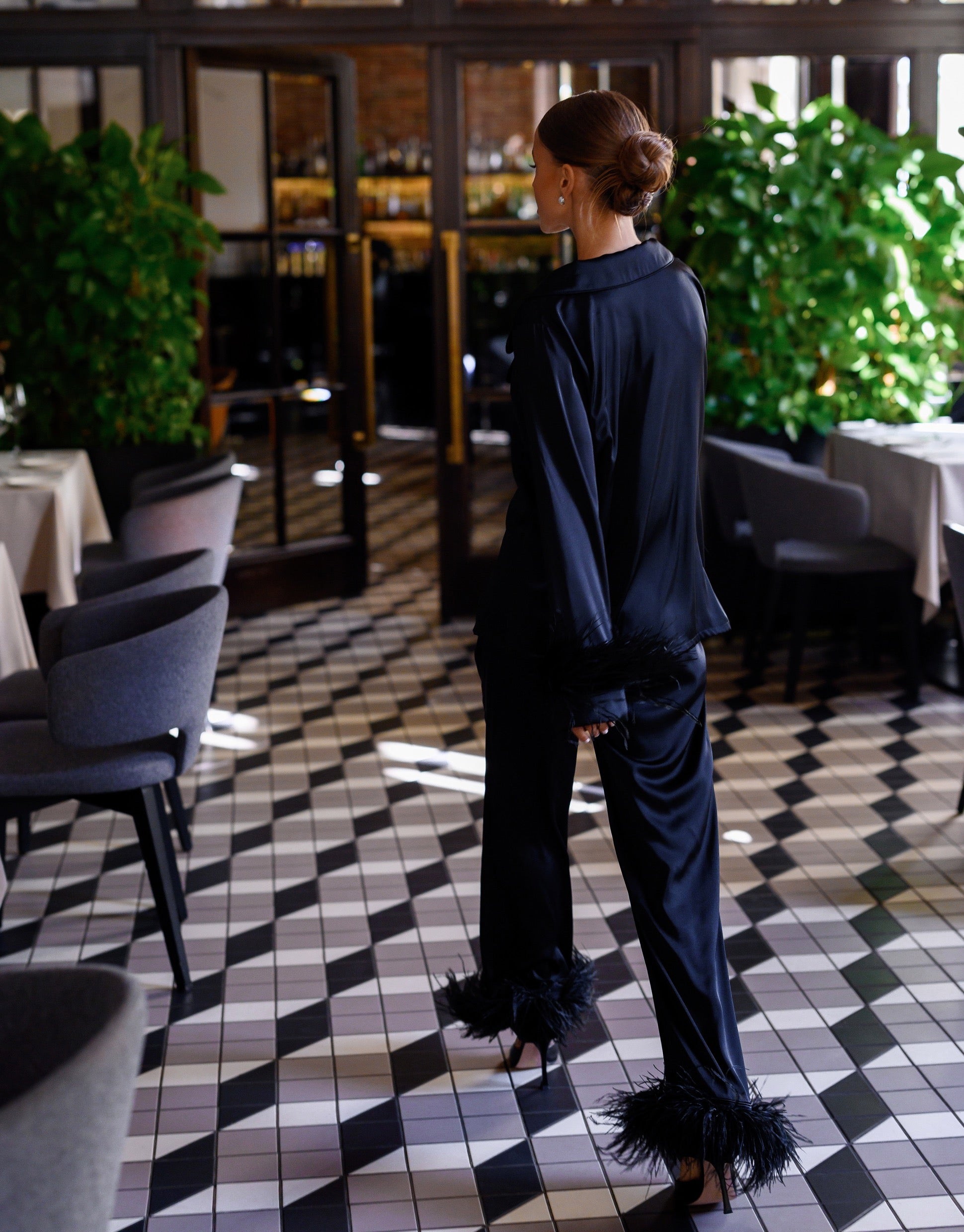 EMILIE Silk Pajama Set with Feathers in Black