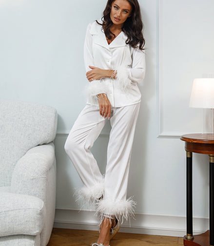 EMILIE Silk Pajama Set with Feathers in White