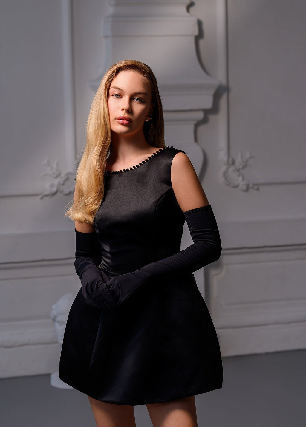 KATE Black Silk Mini Dress with Removable Pearl Bow