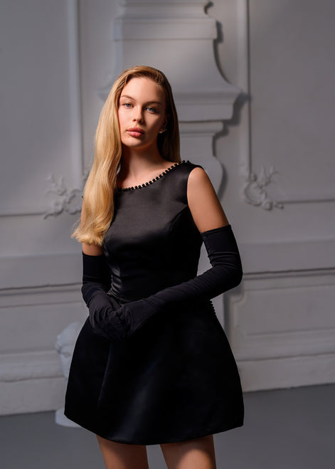 KATE Black Silk Mini Dress with Removable Pearl Bow