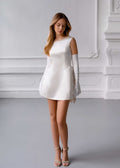 KATE White Silk Mini Dress with Removable Pearl Bow