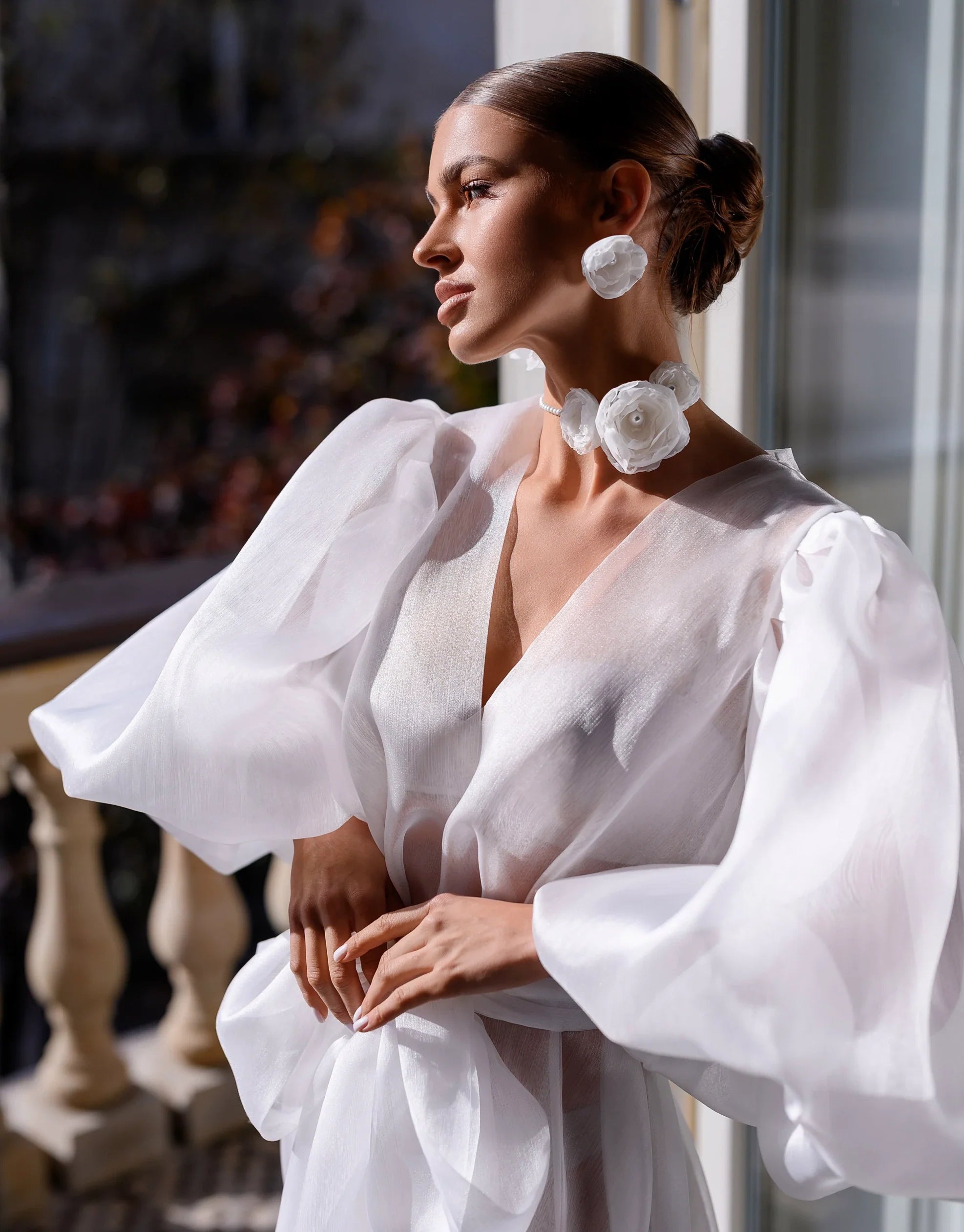 LISA Bridal Sheer Organza Robe with Voluminous Sleeves