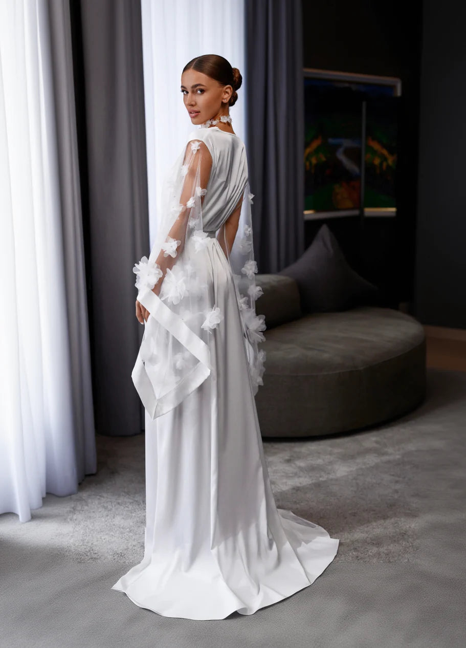 LORA Bridal Sheer Robe with Floral Sleeves