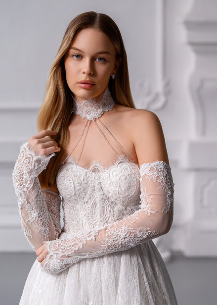 MARTINA MIDI French Chantilly Lace Mini Dress with Crystal Corset & Choker