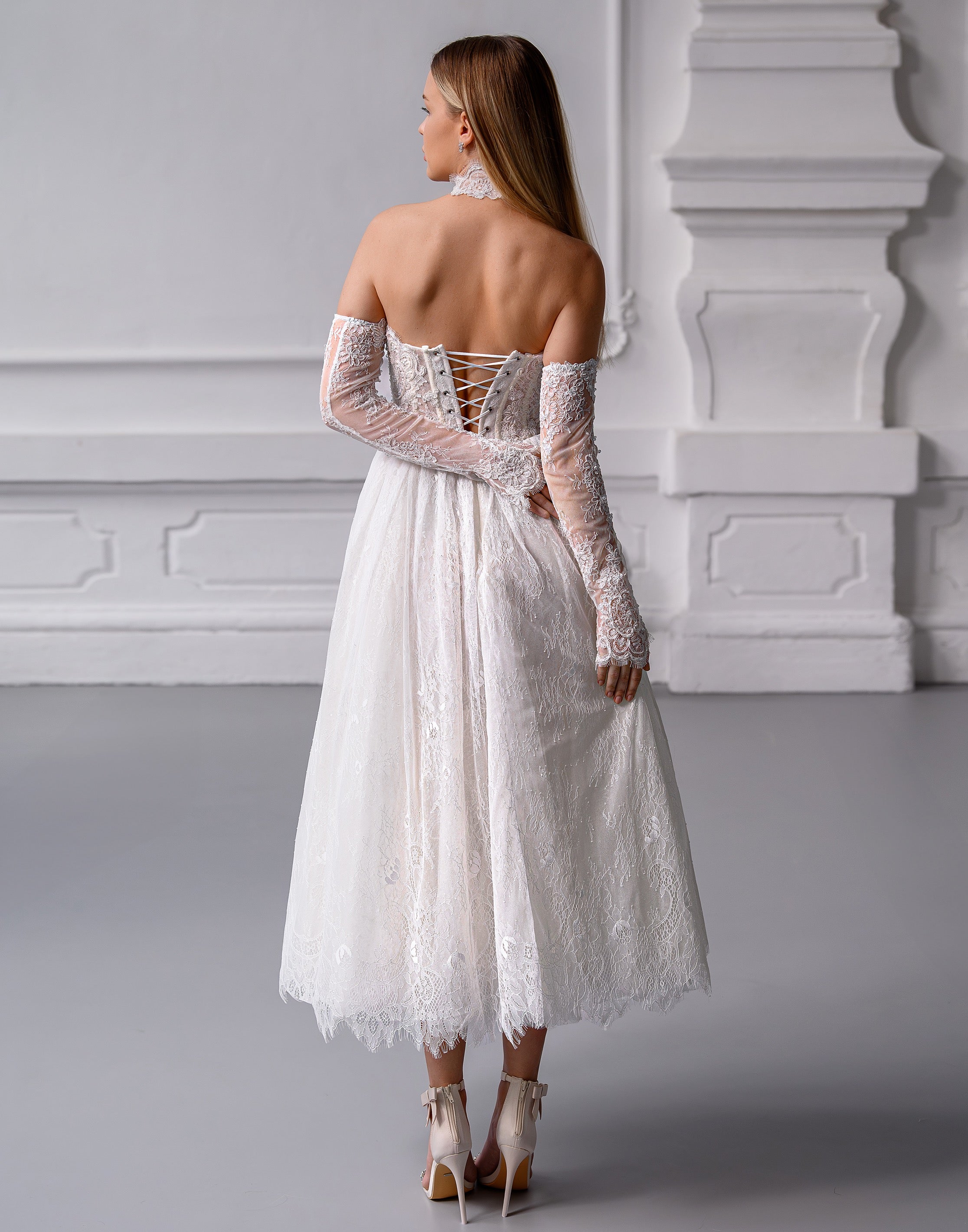 MARTINA MIDI French Chantilly Lace Mini Dress with Crystal Corset & Choker