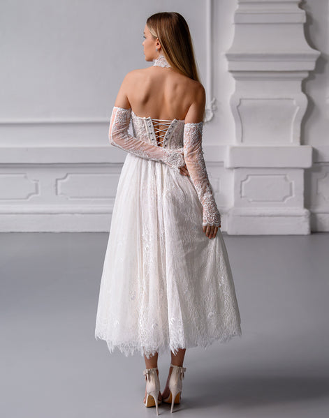 MARTINA MIDI French Chantilly Lace Mini Dress with Crystal Corset & Choker