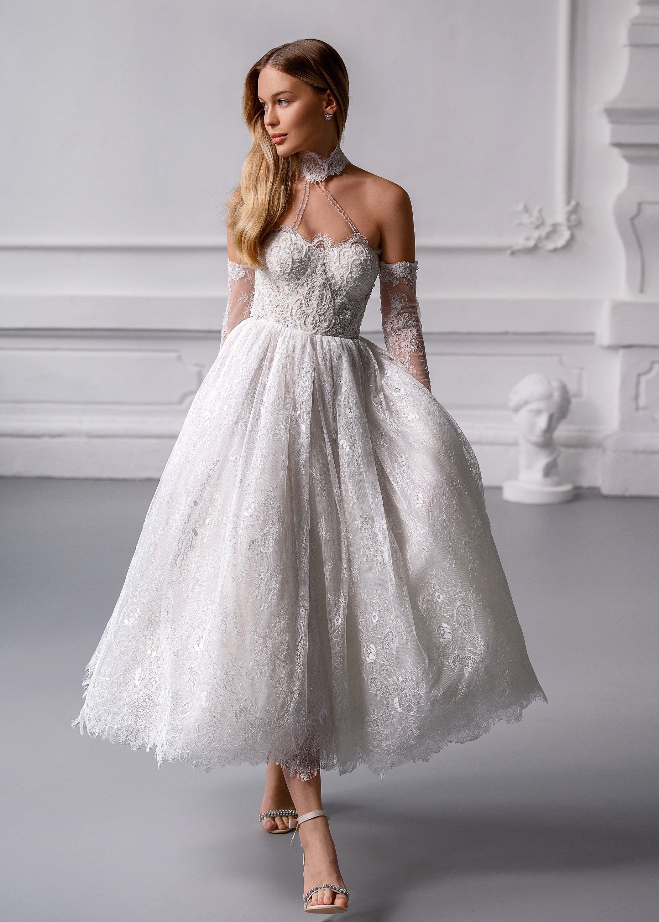 MARTINA MIDI French Chantilly Lace Mini Dress with Crystal Corset & Ch – Linni Caro Bride