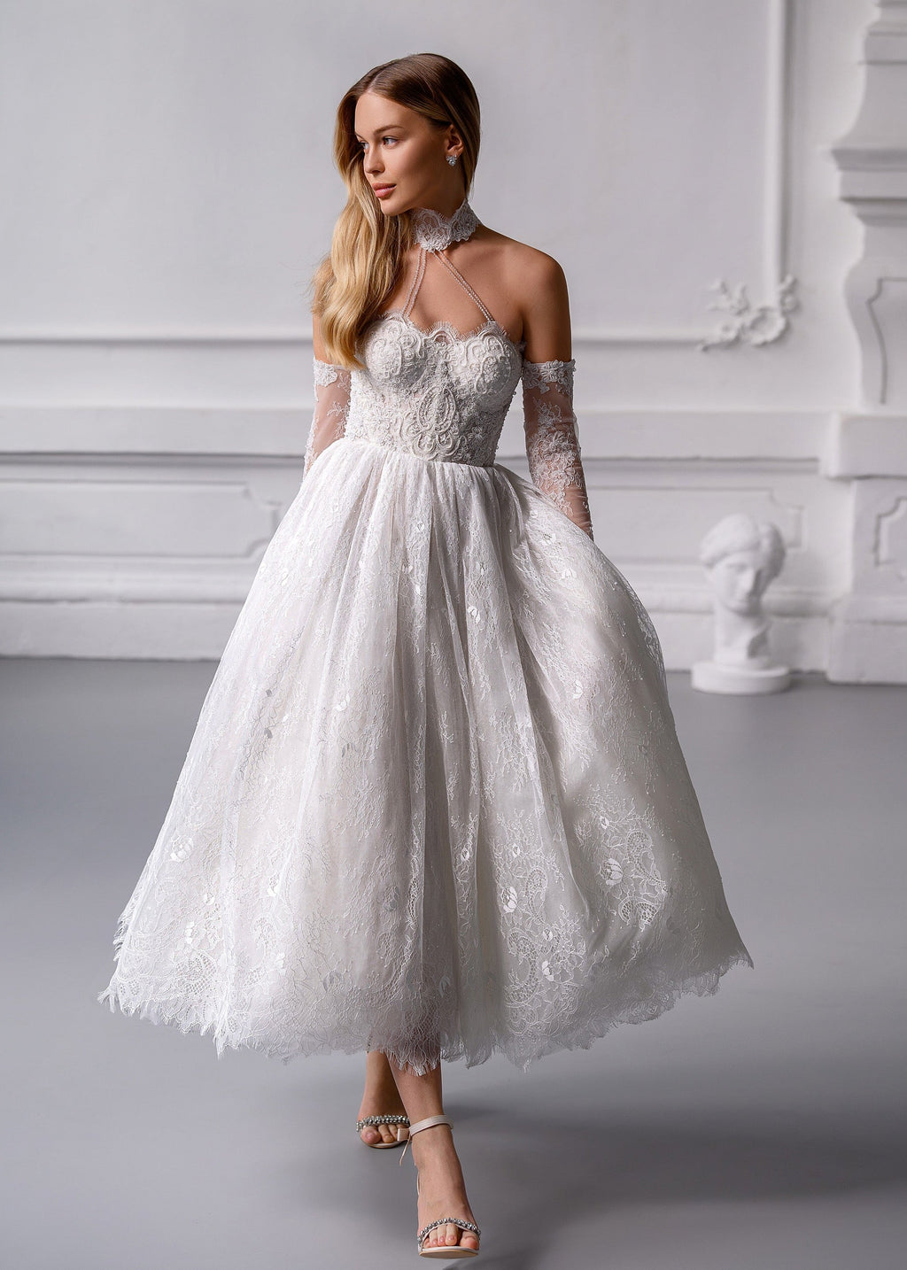 MARTINA MIDI French Chantilly Lace Mini Dress with Crystal Corset & Choker