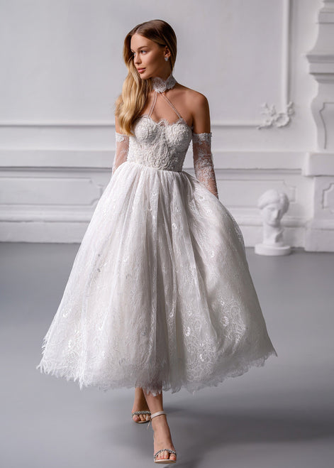 MARTINA MIDI French Chantilly Lace Mini Dress with Crystal Corset & Choker