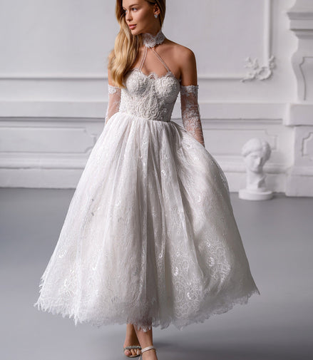 MARTINA MIDI French Chantilly Lace Mini Dress with Crystal Corset & Choker