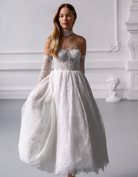 MARTINA MIDI French Chantilly Lace Mini Dress with Crystal Corset & Choker